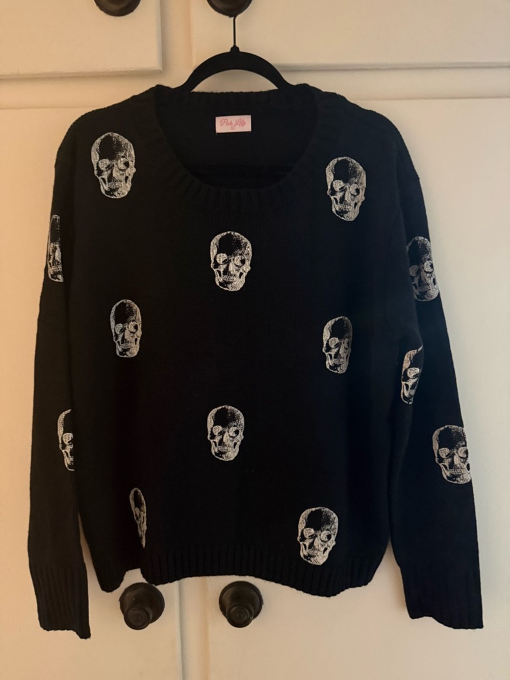 Pink Lily Black Crewneck Sweater with White Skull Motif - WOMENS